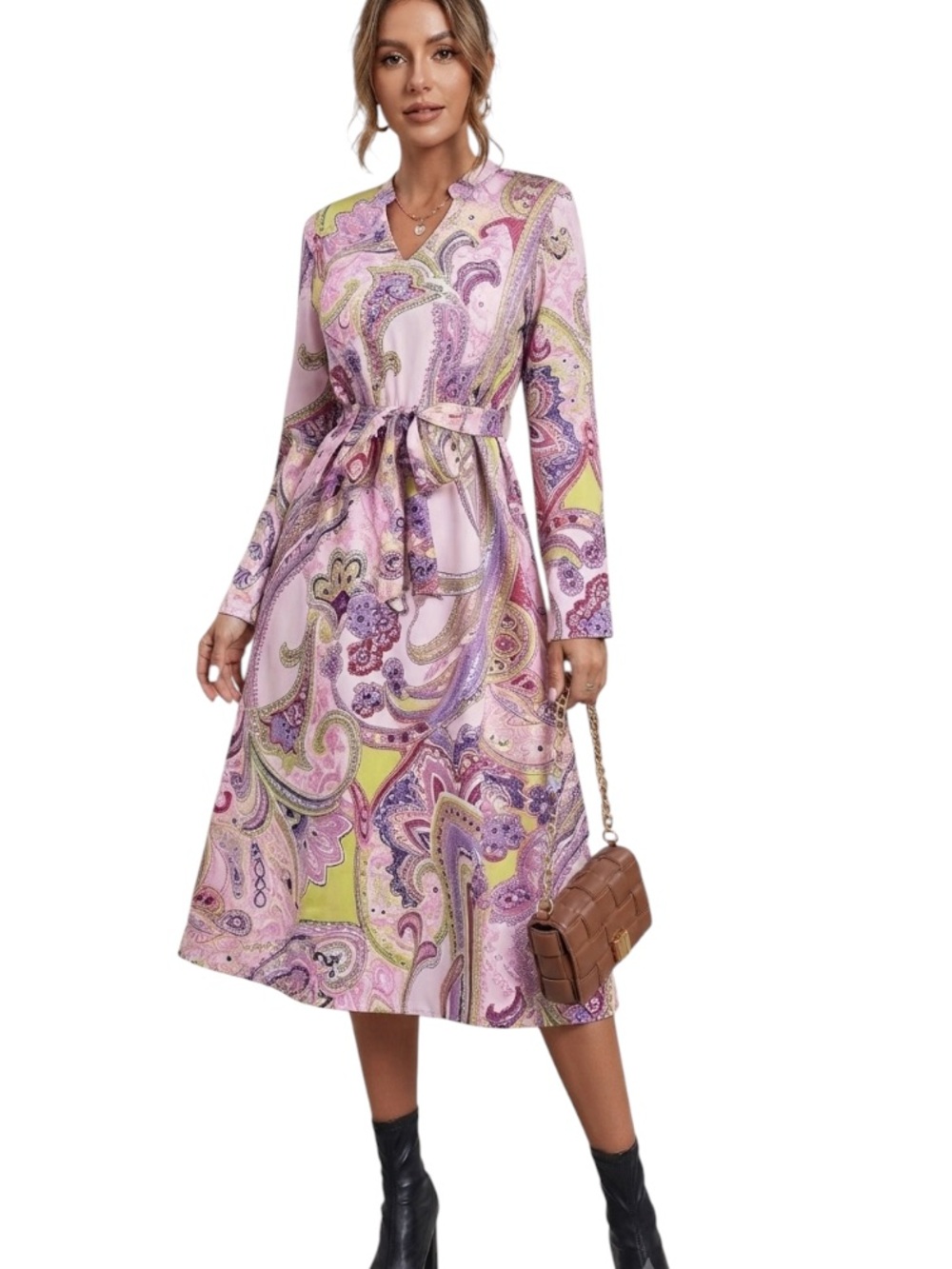 Allover Print Notched Neck Belted Dress size S new without tag - Picture 1 of 13